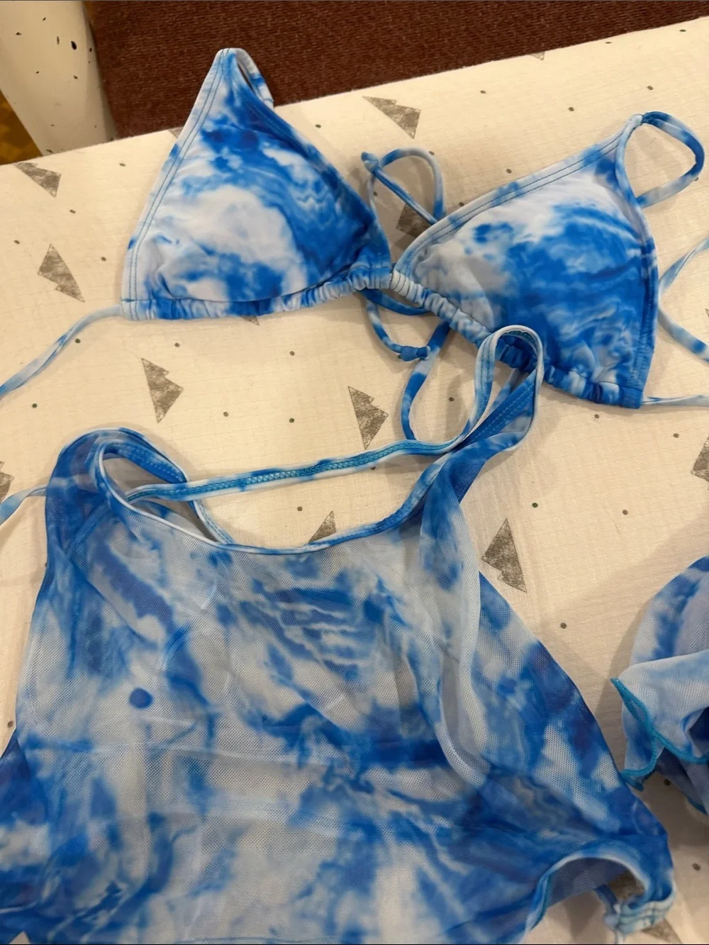 SHEIN Blue and White Tie-Dye Triangle Bikini Set